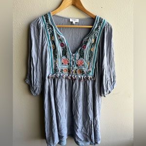 Umgee Gray Lavender floral embroidered tunic dress - 3/4 sleeves